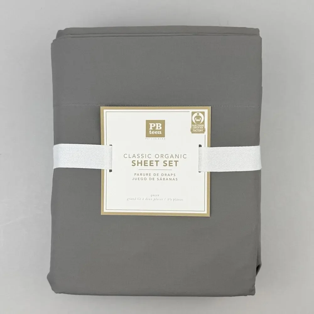 Pottery Barn Teen Classic Organic Sheet Set QUEEN Gray Organic Cotton New